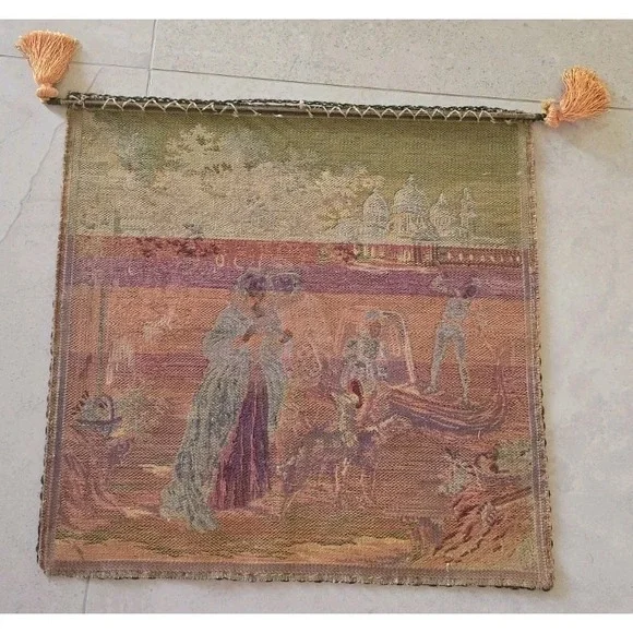 VTG Tapestry WallRomantic Scene Dogs Tassels Cottagecore Ready 2 Hang SZ 20x20